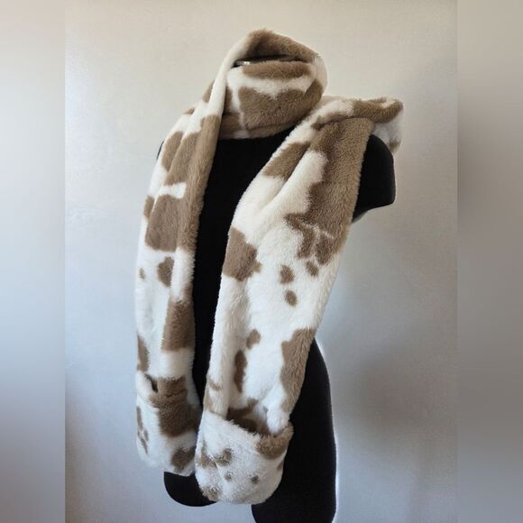 Ultra Soft Cow Print Hat Scarf Mitten Attached Furry Hood Ears Puppy Snow Bunny - Picture 4 of 8
